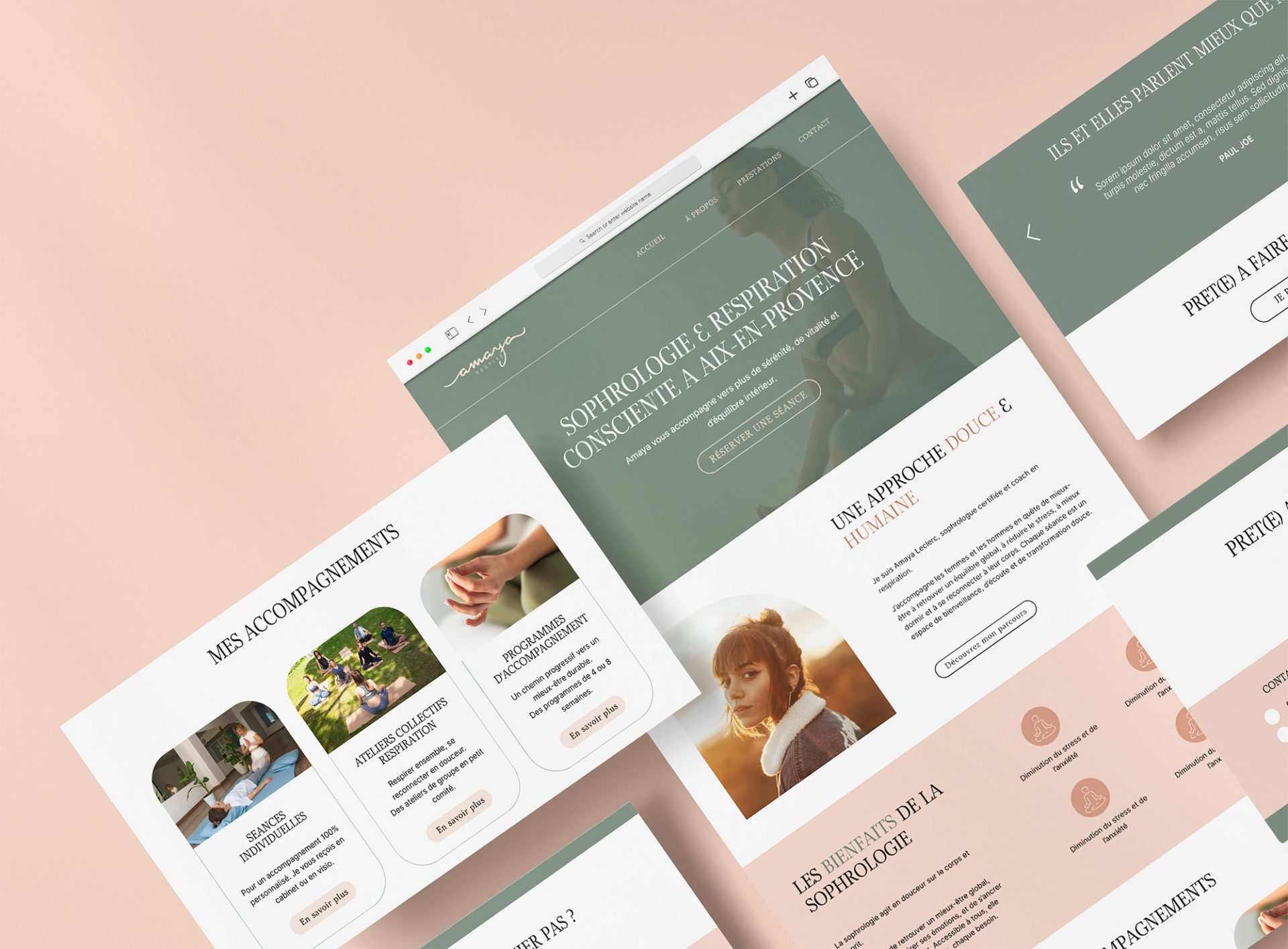 Maquette site internet WordPress pour sophrologue – design moderne Amaya Respire